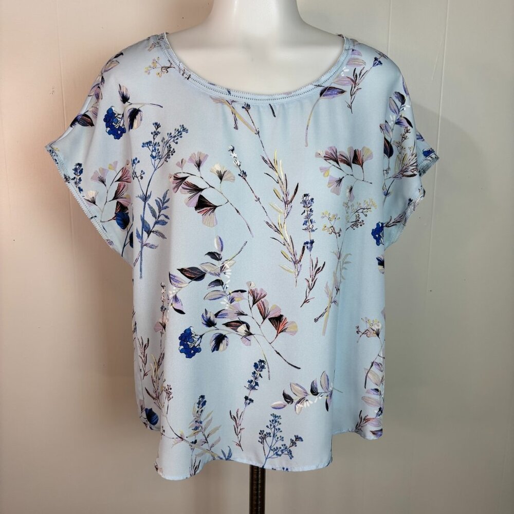 Banana Republic Top MP Blue Floral Short Sleeve Sheer Blouse Medium Petite Women